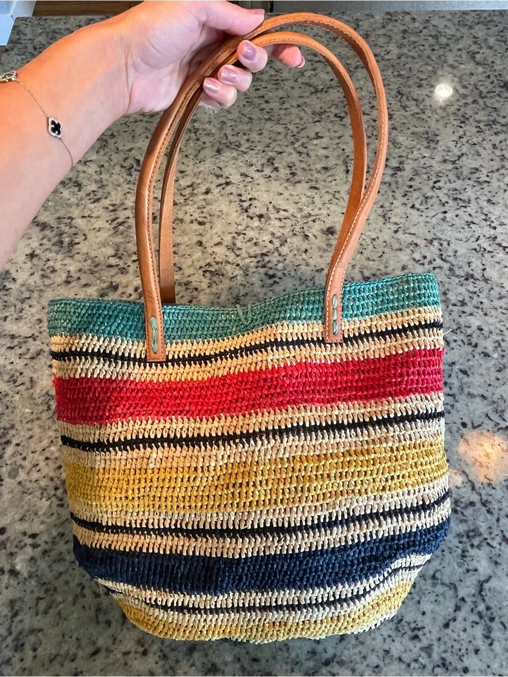 Mar y sol Striped Straw Tote Bag with Leather Handles - Multicolor